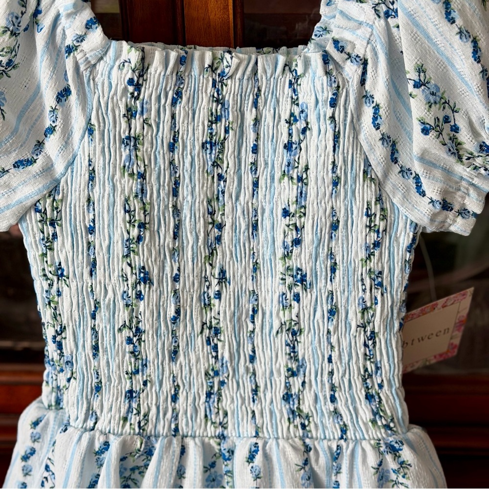 btween White with Light Blue Floral Smocked Puff Sleeve Dress NWT’s - Picture 3 of 9